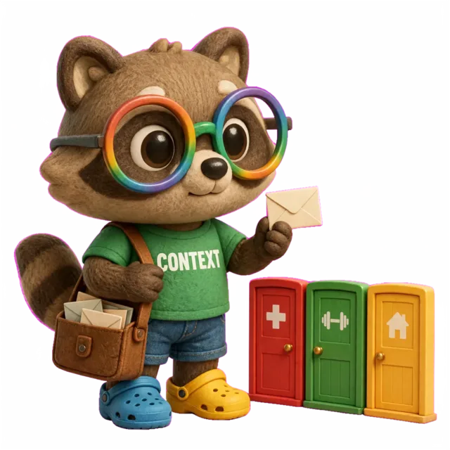 A plush raccoon mail courier in a CONTEXT t-shirt holds up an envelope in front of three small doors marked with a medical cross, a dumbbell and a house, deciding which envelope belongs at which door.