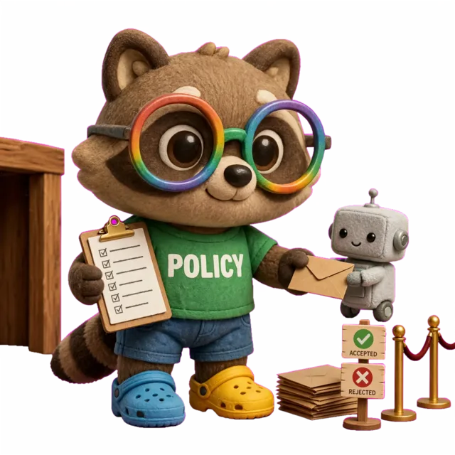 A plush raccoon bouncer in a POLICY t-shirt holds a checklist and inspects an envelope handed over by a small robot, next to a velvet rope and accepted and rejected signs.