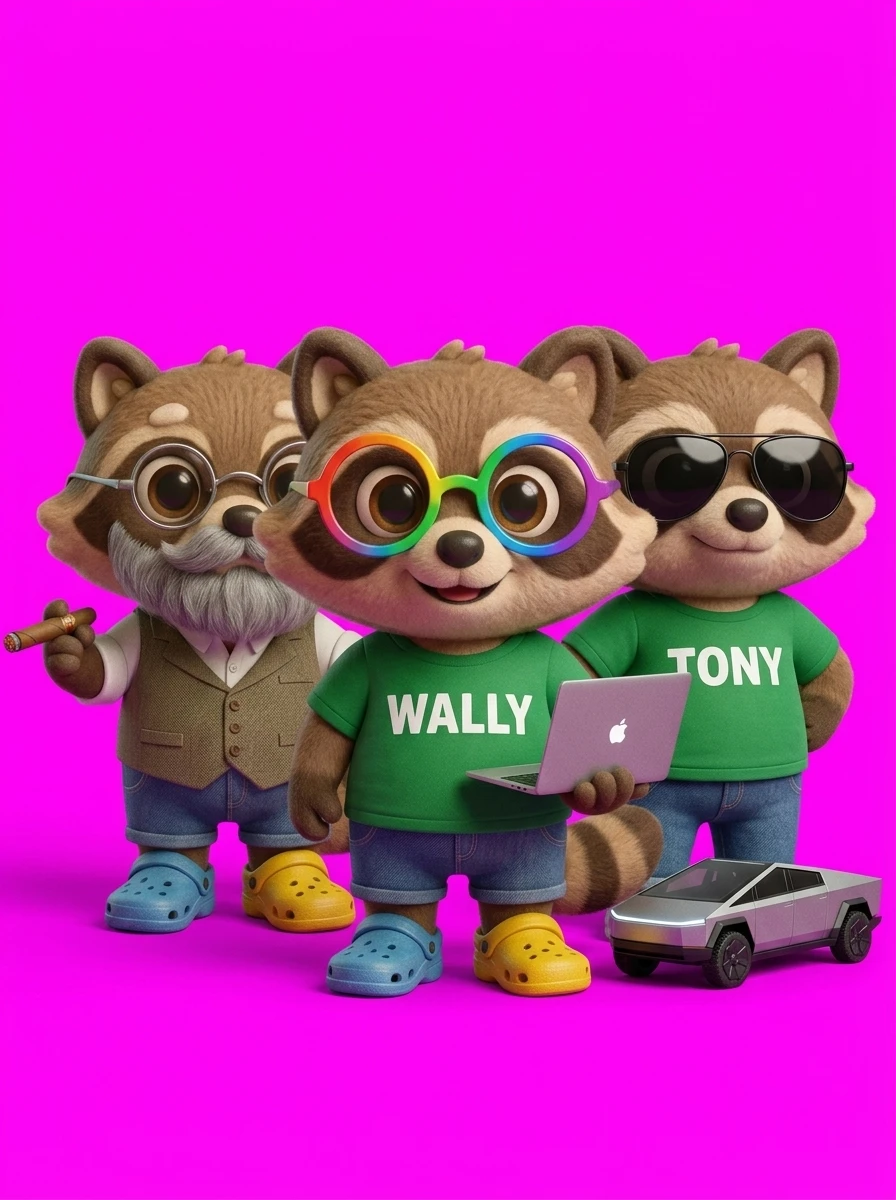 Case B: three raccoons tightly packed on magenta background, dense composition