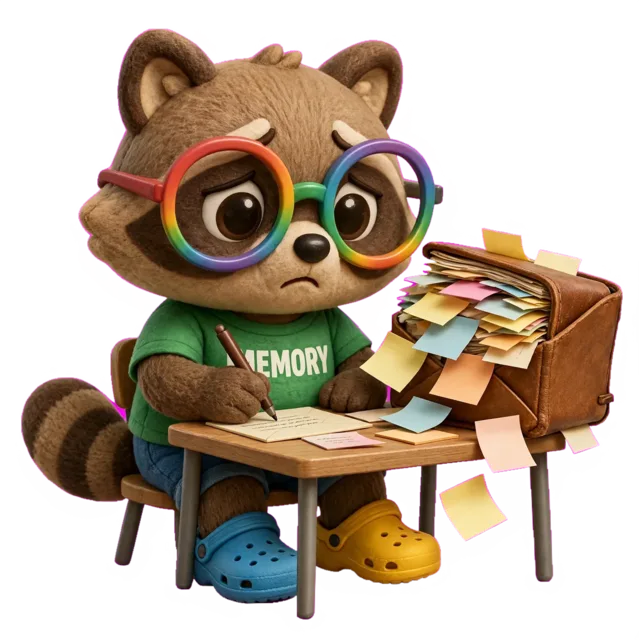 A worried plush raccoon in a MEMORY t-shirt writes a letter at a desk while an overflowing notebook of memories spills sticky notes beside it, some sliding toward the letter.