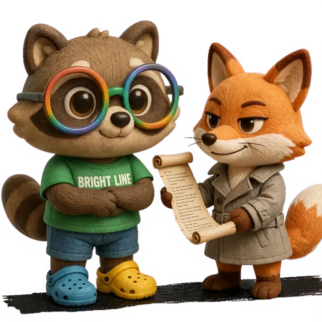 A plush raccoon in a BRIGHT LINE t-shirt stands calmly with folded arms while a sly fox in a trench coat holds up a long scroll of arguments.