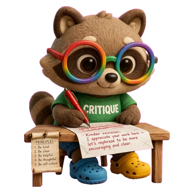 A plush raccoon in a CRITIQUE t-shirt sits at a desk marking up its own typed draft with a red pen, a short list of numbered principles pinned beside it.