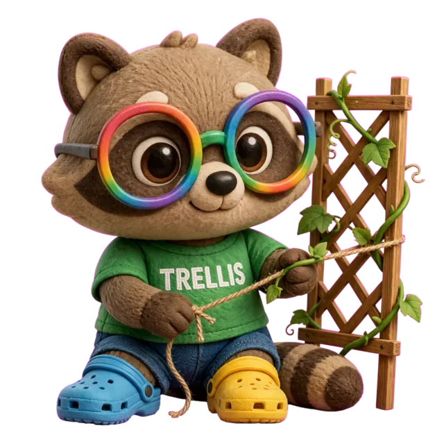 A plush raccoon in a TRELLIS t-shirt gently ties a growing vine to a wooden garden trellis with twine.