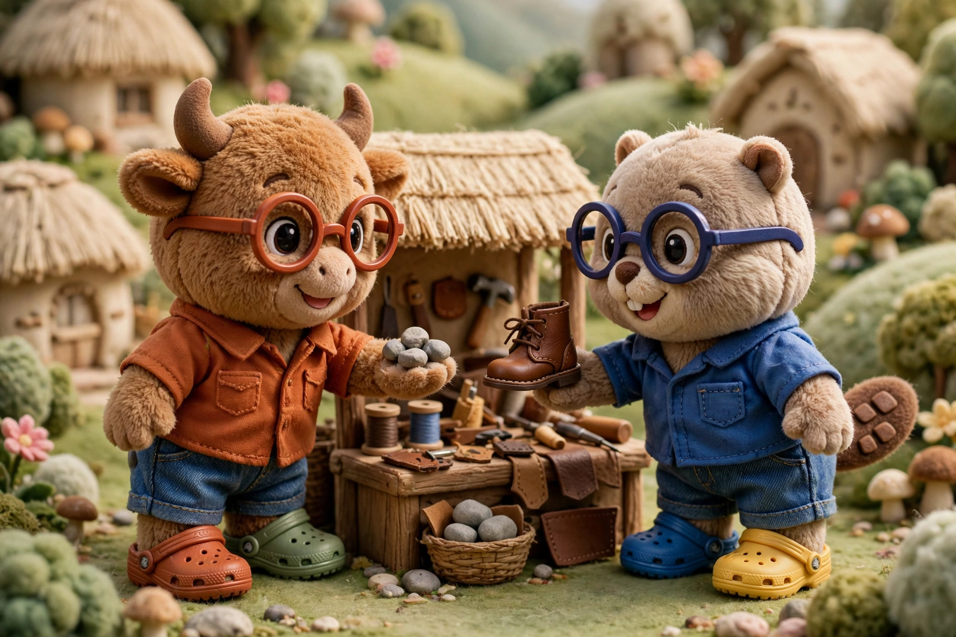 The bull hands gray stones to the beaver for a pair of boots.