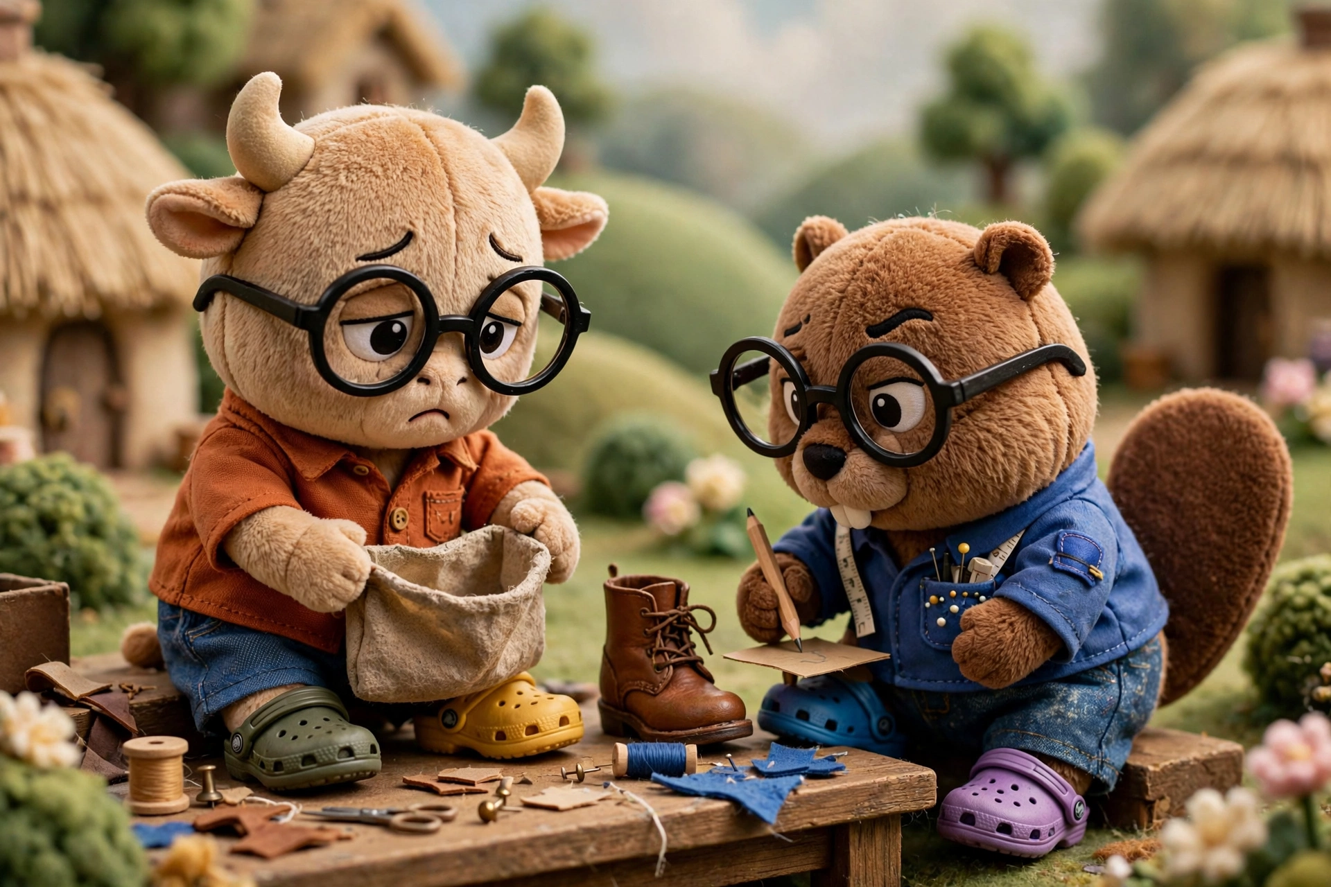 The bull turns out an empty pouch; the beaver writes a note.