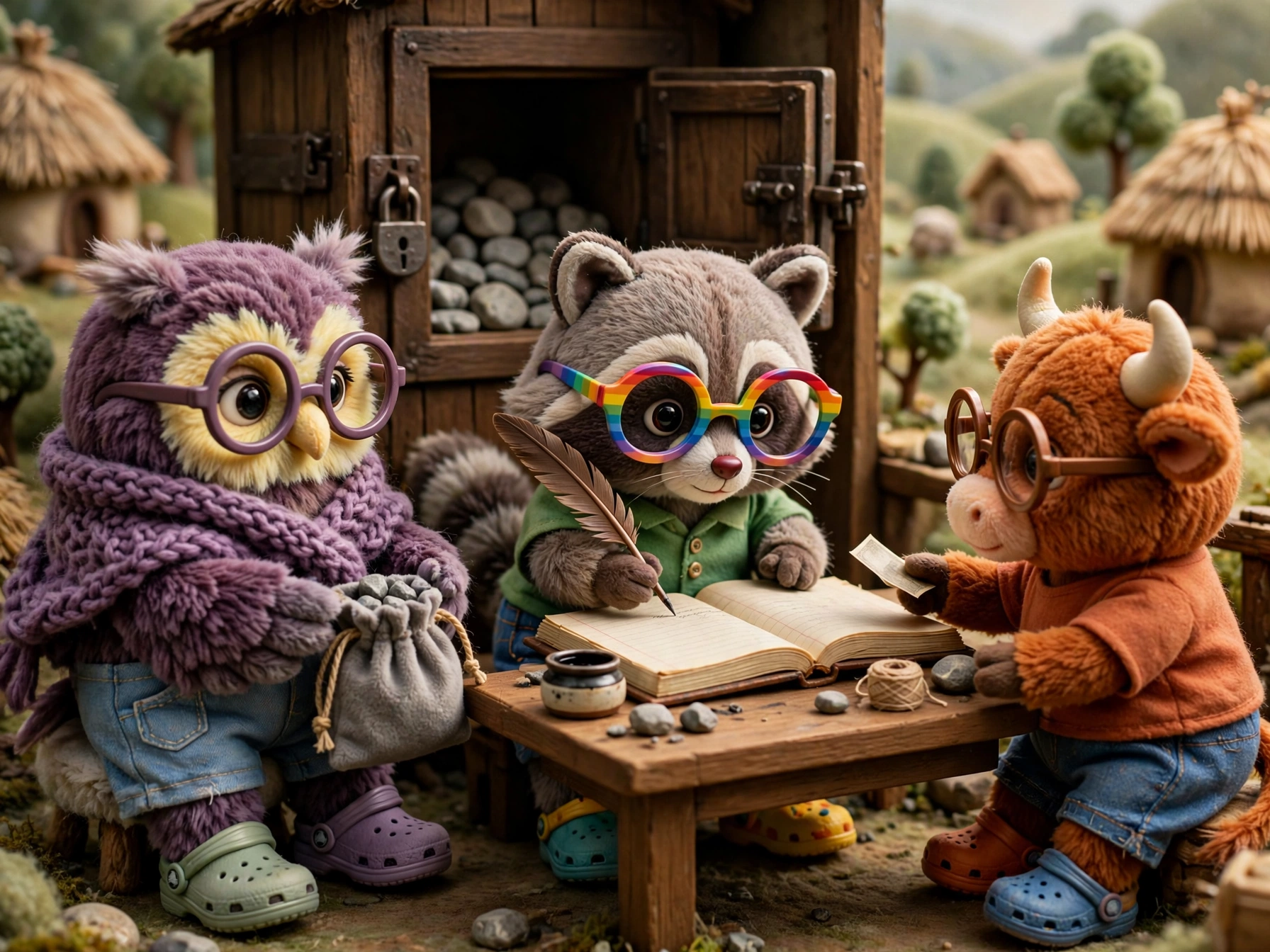 The owl brings stones; the raccoon writes a line; the bull takes a note.