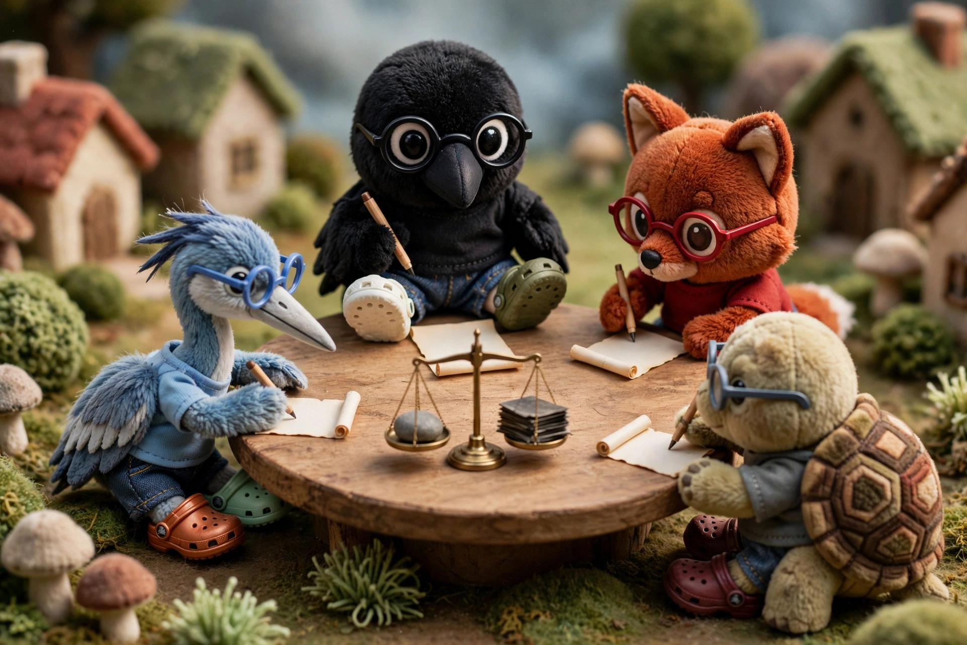 The crow, the fox, the heron, and the tortoise write the peg down.