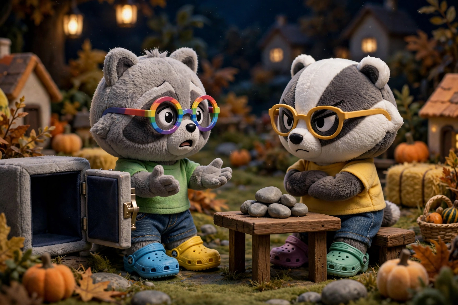 The raccoon asks for an overnight loan. The badger says no.