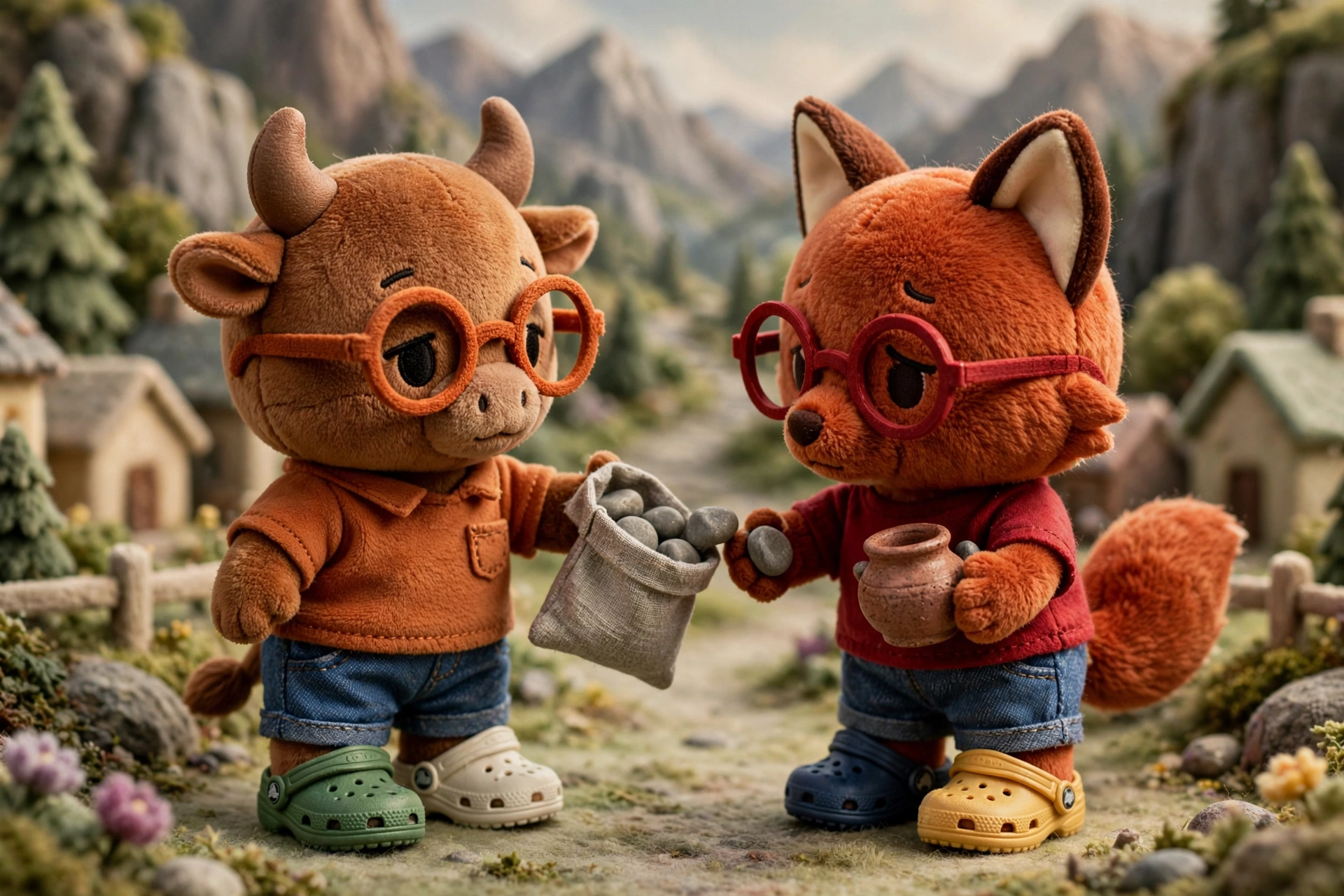 The bull pays the fox in gray stones, with a markup.