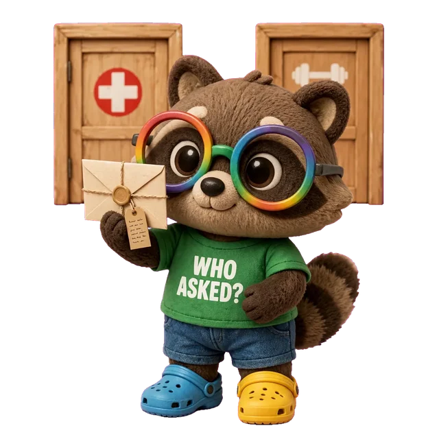 A plush raccoon in a WHO ASKED? t-shirt stands in front of two doors, one marked with a medical cross and one with a dumbbell, holding up a sealed envelope with a tag and checking where it may go.