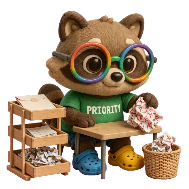 A plush raccoon in a PRIORITY t-shirt sorts paper notes into three trays stacked like a ladder: a sealed memo on top, a handwritten note in the middle, crumpled web printouts at the bottom, one of which it drops into a bin.