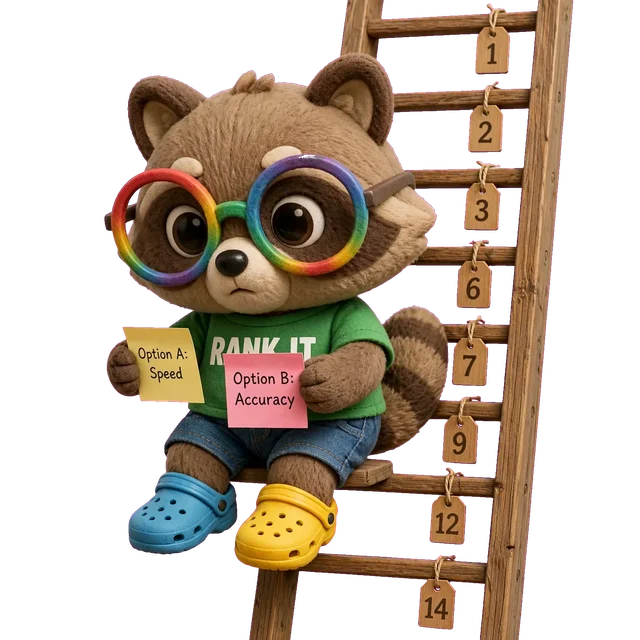 A plush raccoon sits on a tall ladder whose rungs carry numbered tags (1, 2, 3, 6, 7, 9, 12, 14), comparing two sticky notes, Option A: Speed and Option B: Accuracy.